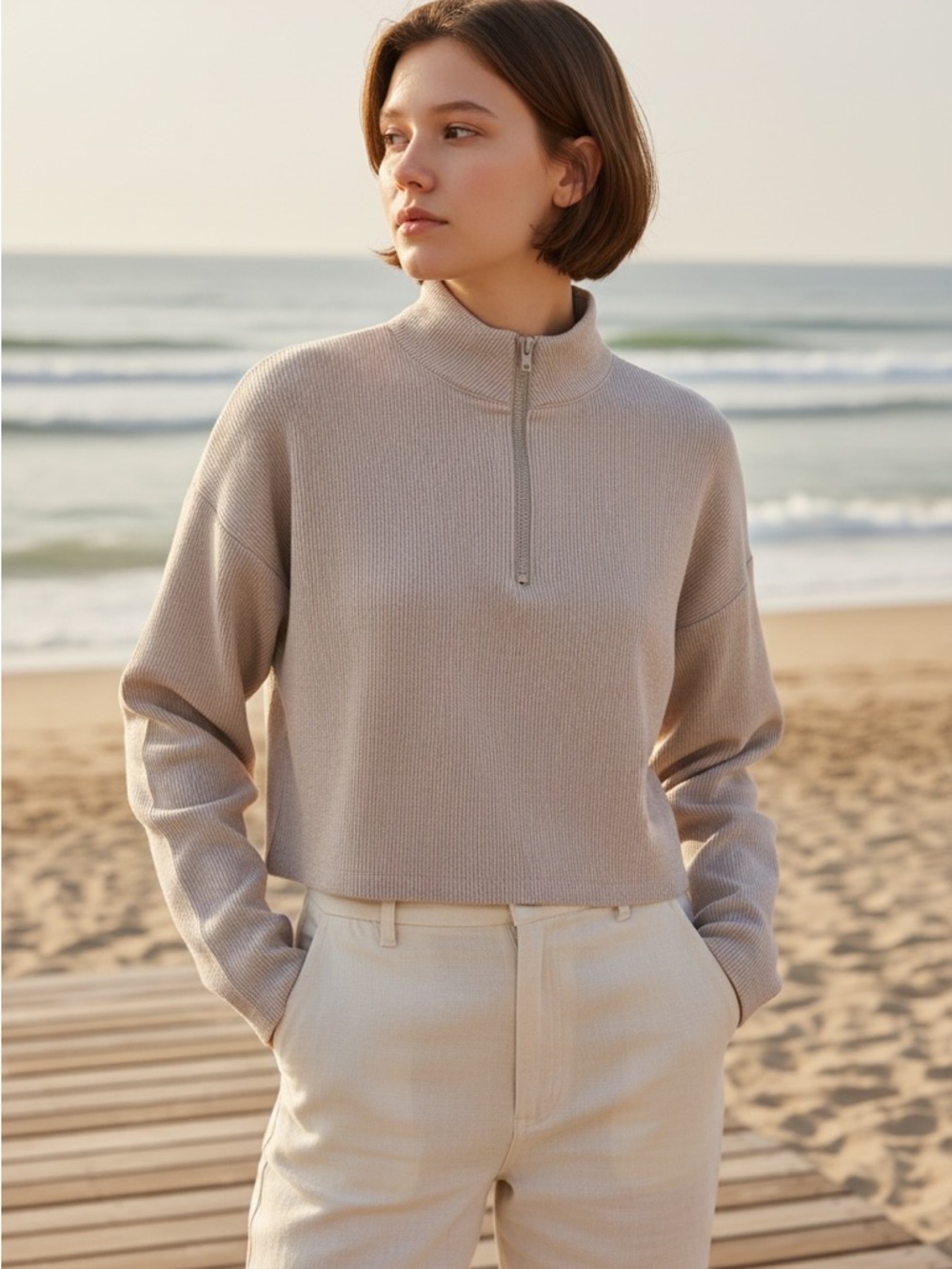Urban Outfitters Beige Half-Zip Mock Neck Lightweight Coastal Sweater